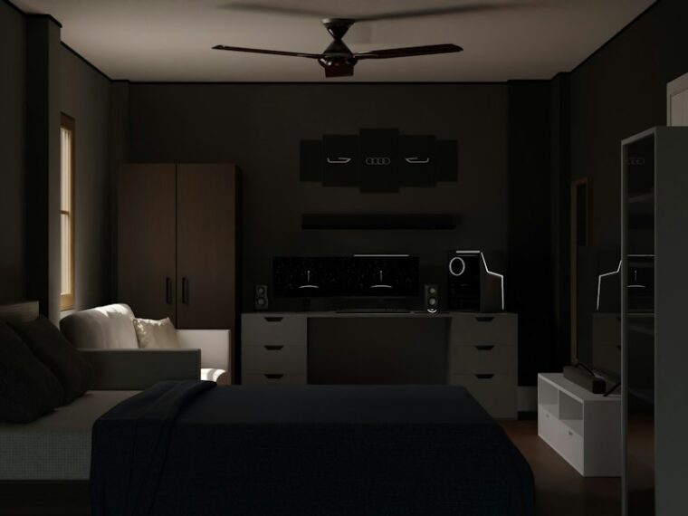 Calm bedroom scene illustrating a sleep hygiene checklist with icons for light, temperature, screens, and wind‑down steps