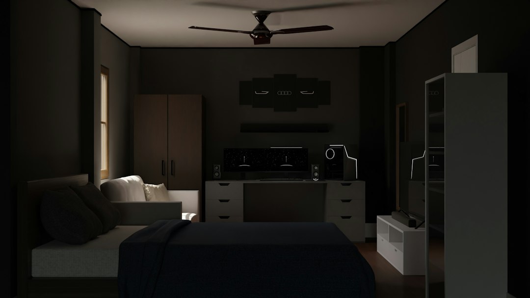 Calm bedroom scene with a sleep hygiene checklist and simple icons for light, temperature, and routine